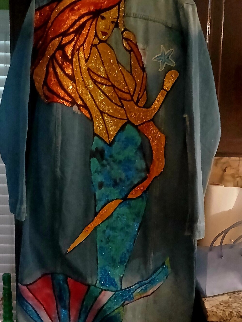 Hand-Painted Blue Denim Mermaid Long Jean Jacket